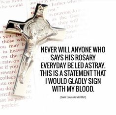 a cross with the words never will anyone who says his rosary everyday be led astrayy this statement that i would gladly sign with my blood