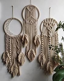 three macrame dream catchers hanging on a wall next to a potted plant