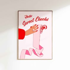 a woman's hand holding onto a pink poster with the words hello sweet checks on it