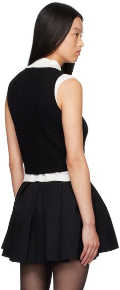 Cable knit wool-blend tank top. · Rib knit crewneck, hem, and armscyes · Ruffled lace trim with sequin detailing at front · Logo embroidered at hem Supplier color: Black Chic Sleeveless Wool Top, Black Sleeveless Wool Top, Fitted Crew Neck Sweater Vest For Layering, Wool Sweater Vest For Layering, Sleeveless Wool Tops For Layering, Chic Crew Neck Sweater Vest For Layering, Shushu Tong, Ruffle Tank Top, Knit Crewneck