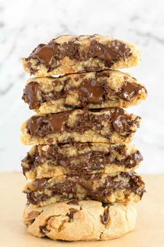 chocolate chip cookies stacked on top of each other