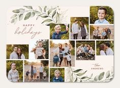 a collage of photos with leaves and branches on it is featured in this holiday card