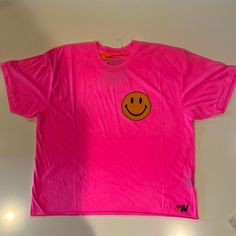 Never Worn, With Tags! Super Soft! Pink Crew Neck Top For Streetwear, Relaxed Fit Tan Top With Screen Print, Trendy Tan Tops With Screen Print, Pink Relaxed Fit Top For Streetwear, Pink Screen Print Tops For Streetwear, Casual Tan Screen Print Top, Casual Pink Tops With Screen Print, Sporty Tan Top For Streetwear, Spring Streetwear Top With Smiley Face