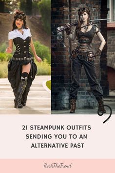 Two women wearing elaborate steampunk outfits, one in a dress, the other in pants and goggles. Text: "21 Steampunk Outfits Sending You to an Alternative Past". Steampunk Elements, Steampunk Fairy, Victorian Elegance