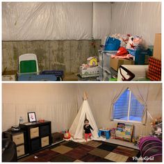 there are two pictures side by side one shows a tent and the other shows a child's room