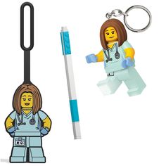 a lego keychain with a nurse figure next to it