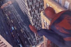 the spider man is flying high up in the air over buildings and skyscrapers with his arms outstretched