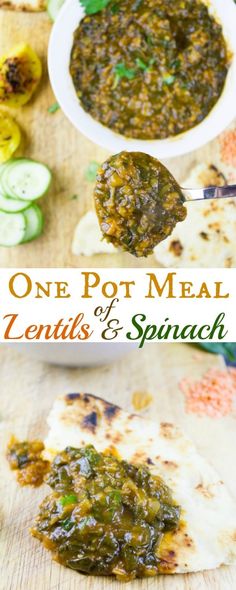 one pot meal lentils and spinach is served on pita bread with a side of pickled cucumbers