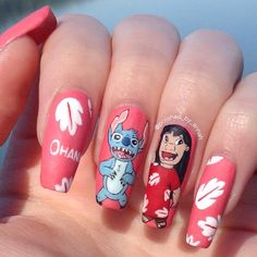 Lilo and stitch nails #disneynails Stitch Nails Acrylic, Nails Stitch, Lilo And Stitch Nails, Stitch Nails, Scary Nail Art, Emo Disney, Disney Themed Nails, Scary Nails, Nails Disney