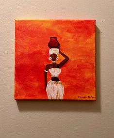 a painting of a woman holding a jug on top of her head, in front of a red background