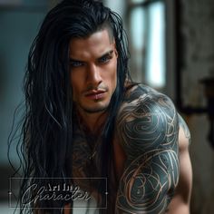 a man with long black hair and tattoos on his arm is looking at the camera