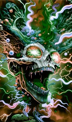 a painting of a skull with green eyes and lightning coming out of it's mouth