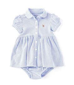 From Ralph Lauren, this dress features:striped fabricationClub collarButtoned placketPuffed short sleeves with ribbed armbands.Multicolored signature embroidered pony at the left chestElasticized waistFit-and-flare, shirtdress silhouetteComes with a matching bloomerSize 9 months has a 16" body length.Shell and bloomer: cottonCollar, placket, and cuffs: polyester.Machine wash / tumble dryImported. Ralph Lauren Baby Girl, Oxford Dress, Shirtdress, Future Baby