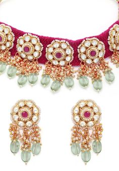 This is Beautiful Pink Threaded Pink and Green Kundan Choker Necklace with Earrings. Its Statement Choker which gives a royal look like queen. Bring your style to a whole new level with this handcrafted piece of jewellery. When you're celebrating a special occasion - a birthday, wedding, or personal milestone - this piece adds that extra something that makes us feel special and looking our best. Its earrings size is about 2 inches including hangings. Please feel free to write us if you want to c Kundan Necklace With Latkans For Diwali Reception, Diwali Reception Kundan Necklace With Latkans, Traditional Kundan Necklace With Latkans For Reception, Traditional Bridal Necklace With Gota Work For Party, Trendy Chokers, Kundan Jewelry, Jewelry Design Earrings, South Indian Bride, Jewelry Choker