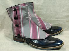 "A hand made pair of fully functioning spats made from stiffened pink and silver grey striped taffeta. Fully lined. Button fastening with a strap and slider under the foot.  Ankle 11\" length heal to top edge 6\" When checking the size, it's best to measure over the shoes or boots you plan to wear underneath." Steampunk Cosplay, Cosplay Shoes, Beautiful Costumes, Pink And Silver, Cap Dress, Shoe Covers, Costume Accessories, Grey Stripes, Hand Made