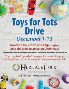 toys for tots drive flyer with toy cars, trucks and christmas tree on white wood