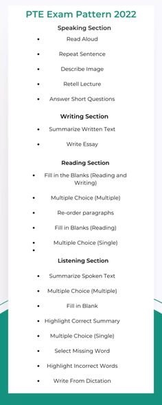 the exam checklist for pte exam in green and white with text on it