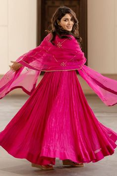 Pink gathered anarkali with front button placket. Paired with zardozi, dori, marodi embellished dupatta. - Aza Fashions Gathered Anarkali, Pink Anarkali, Adah Sharma, Diana Penty, Women Kurta, Kareena Kapoor Khan, Madhuri Dixit, Luxury Sale, Full Sleeves