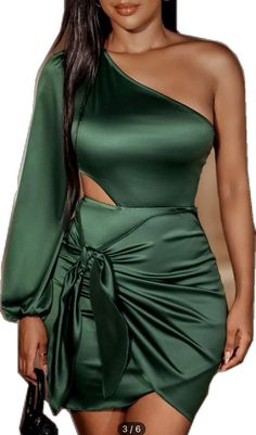 Green One-shoulder Satin Mini Dress, Green Satin One-shoulder Mini Dress, Satin Bodycon Dress, Dresses One Shoulder, Shein Dress, Shein Dresses, Shoulder Cut, Dress First, Knot