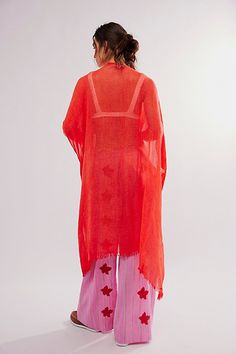 Add a delicate detail with this breezy kimono. **Fit:** So relaxed with shapeless silhouette and flowy design **Features:** A lightweight, washed-dye fabrication with a net contrast, high-low hem, raw trim, and a long, relaxed sleeve **Why We | Day Dream Washed Kimono by Free People in Red Bohemian Flowy Red Cover-up, Flowy Red Kimono For Summer, Red Flowy Kimono For Summer, Flowy Red Summer Kimono, Red Flowy Spring Kimono, Spring Red Flowy Kimono, Red Flowy Cover-up, Red Long Cover-up For Spring, Red Bohemian Spring Cover-up