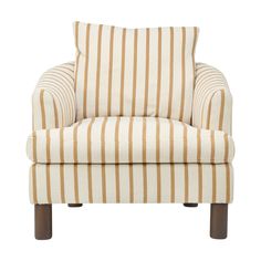 a beige and white striped chair with wooden legs