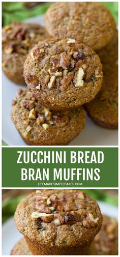 zucchini bread bran muffins are stacked on top of each other with nuts