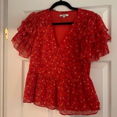 Reposhing This Item I Purchased From @Rosieroon60. Loved It, But Ready To Rotate For Something New. Questions? Leave A Comment Below! Red Peplum Tops For Spring, Red Peplum Tops For Summer, Fall Floral Print Red Peasant Top, Red Long Sleeve Peasant Top With Floral Print, Fitted Red Peplum Top, Long Sleeve Red Peasant Top With Floral Print, Madewell Peplum Top, Madewell Top, Madewell