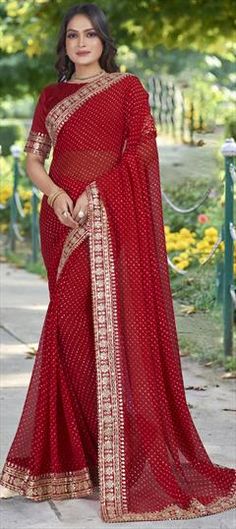 Red and Maroon color Saree in Georgette fabric with Gota Patti, Lace, Zari work Red Georgette Traditional Wear For Celebration, Red Georgette Blouse Piece For Celebration, Red Bandhani Print Blouse Piece For Wedding, Red Blouse Piece With Dupatta For Celebration, Red Saree For Reception And Festivals, Red Blouse For Festival Celebrations, Red Self-design Traditional Wear For Reception, Red Bandhani Print Dupatta For Party, Red Blouse Piece For Reception And Festivals