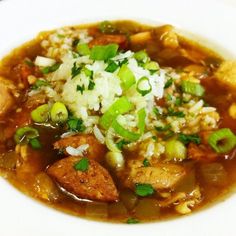 a white plate topped with meat and rice covered in gravy, garnished with chopped green onions