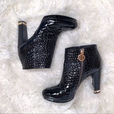 Reposhing This Item I Purchased From @Madelenaxo. Loved It, But Ready To Rotate For Something New. Questions? Leave A Comment Below! Crocodile Print, Tory Burch Shoes, Leather Booties, Gold Black, Bootie, Leave A Comment, Something New, Patent Leather, Bootie Boots