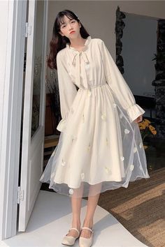 Beige Chiffon Dress For Spring, Sheer Chiffon Dress For Spring, Cream Chiffon Spring Dress, Spring Cream Chiffon Dress, Casual Cream Chiffon Dress, White A-line Chiffon Dress For Spring, Spring Beige Chiffon Midi Dress, Beige Sheer Chiffon Dress, Cream Chiffon Long Sleeve Dress