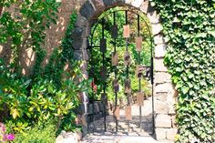 an iron gate is surrounded by greenery and flowers