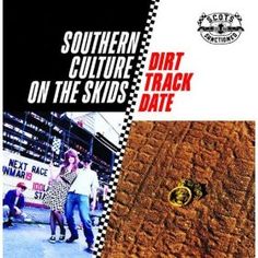 an advertisement for dirt track date with two people standing on the ground and one person sitting down