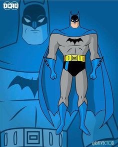 the batman animated character is standing in front of a blue background