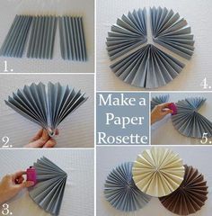 the steps to make a paper rosette are shown in four different pictures, including one with