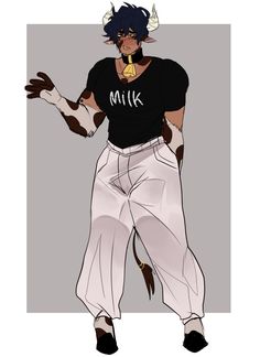 a drawing of a man with horns on his head and white pants, wearing a black t - shirt