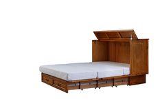 a bed with two drawers underneath it and a mattress in the bottom drawer that is open