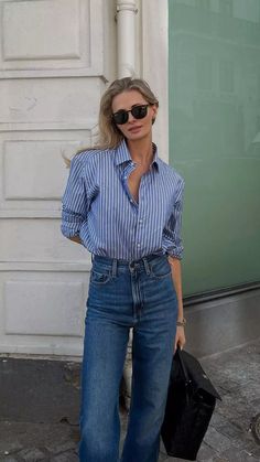 The Best Vacation Outfits to Wear on Nantucket Blue Striped Shirt Outfit, Outfits With Striped Shirts, Fit Clothes, Blue Striped Shirt, Shirt Tucked In, Fits Clothes, Button Style, Outfit Look, Outfits Casuales