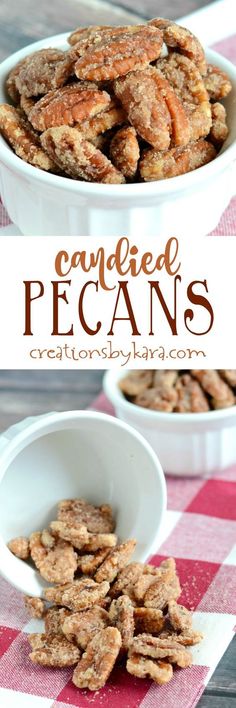 candied pecans in a white bowl on top of a checkered table cloth