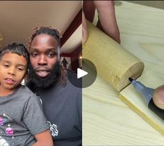 a man with a beard standing next to a little boy in front of a rolling pin