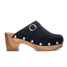 Slip on the Cindy Casual Clog to feel as though you're instantly being transported to the tulip gardens of Holland. Featuring leather suede dotted with silver studs, a classic silver buckle, and a curved platform heel, it's a retro-inspired favorite with an updated twist to bring out your inner bohemian. By Chinese Laundry Suede Leather Upper & Manmade Materials Slip-On Design 2.75" Heel 1.5" Platform Clog Heels, Platform Heel, Chinese Laundry, Leather Mules, Black 7, Mid Heel, Platform Heels, Silver Studs, Retro Inspired