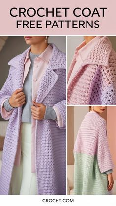 the crochet coat is shown in three different colors