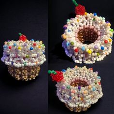 three different pictures of beads in the shape of donuts with candy toppings on them