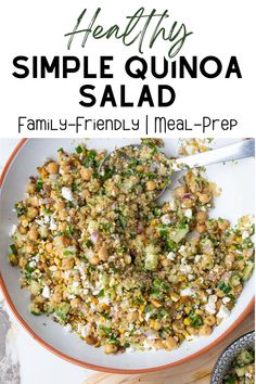 A large serving dish filled with a simple quinoa salad, featuring chickpeas, red onions, cucumbers, and fresh herbs, with a text overlay that reads “Healthy Simple Quinoa Salad – Family-Friendly | Meal Prep.” This pin is designed for the Healthy Family Recipes board.