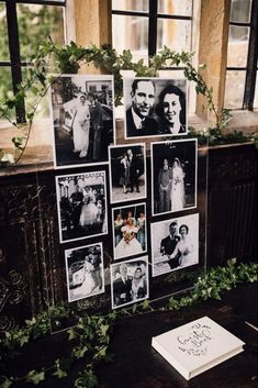 the wedding photos are on display in front of an old window with ivy growing around them