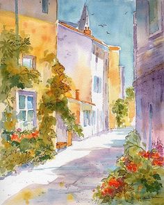 watercolor painting of an alleyway with flowers and buildings