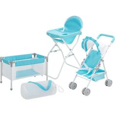 a baby's blue and white stroller next to a toy crib with wheels