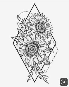 a black and white drawing of three sunflowers on a diamond shaped background with leaves