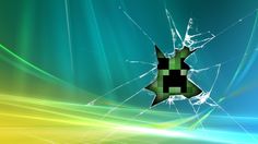 a broken glass window with an image of a star in the center and green lines around it