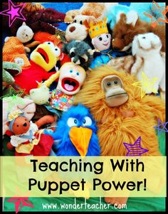 a pile of stuffed animals with the words teaching with puppett power in front of them